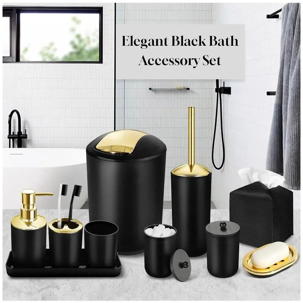 10 Pc Matte Black Bathroom Accessories Set Soap Dispenser Trash Can Tissue Box